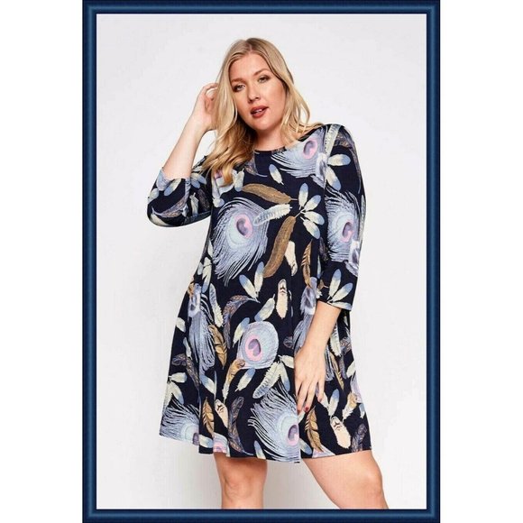 Emerald Boutique Dresses & Skirts - Women's Boho Western Plus Swing Peacock Feather Mini Dress Tunic Top 1X 2X 3X